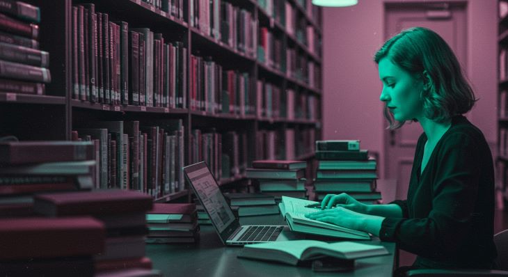 Foto de mulher na biblioteca fazendo pesquisa em computador, com ferramentas de IA